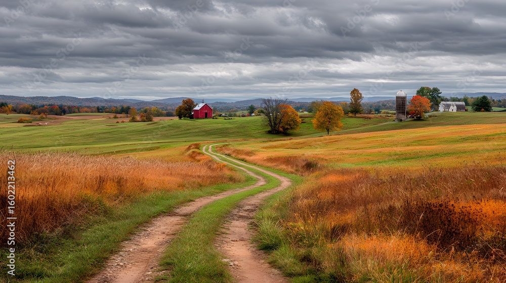 Fototapeta premium Wide countryside view winding dirt path through autumn colored crop fields distant red barn and silo under cloudy fall sky rustic seasonal farming vibe