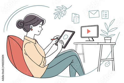 Creating digital art at home while sitting comfortably in a cozy chair next to a desk with a computer during a calm afternoon