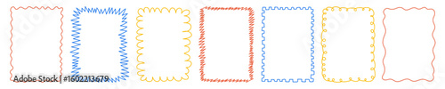 Set of colorful abstract hand-drawn frame borders with playful line shapes. Doodle style decorative elements. Kids design and creative layout concept