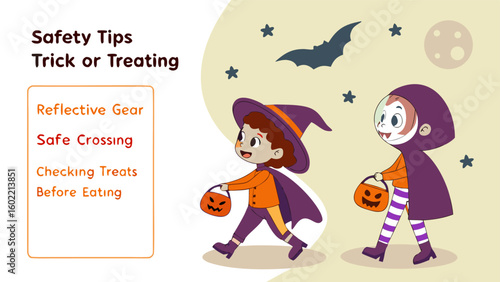 Halloween safety tips for trick or treating including reflective gear safe crossing and checking treats before eating with cartoon children