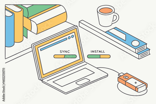 Syncing files and installing software on a laptop with a steaming cup of coffee nearby and books on a shelf