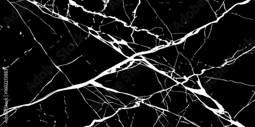 "A striking, high-contrast black and white abstract pattern resembling fractured glass or lightning bolts across a dark sky, emphasizing sharp lines and dynamic tension."