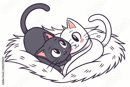 Two cats cuddling together on a soft blanket in a cozy indoor setting, showcasing a heartwarming bond in a playful pose