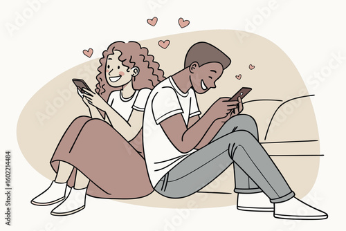 Couple enjoying virtual interaction on their phones while sitting close together at home in a cozy and relaxed environment