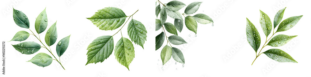Fototapeta premium Watercolor Green Leaves with Water Drops - Botanical Illustration Set