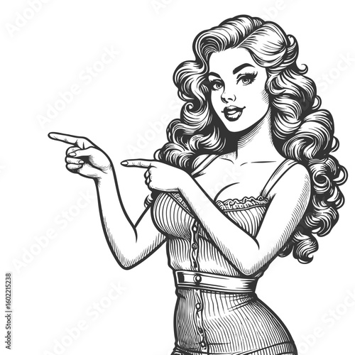 confident woman with voluminous hair pointing sideways, ideal for directing attention in designs sketch engraving generative ai fictional character vector illustration. Scratch board. Black and white.