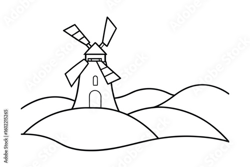 Outline Windmill On A Hill