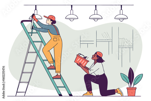 Two workers changing light fixtures in a modern workspace during daylight hours
