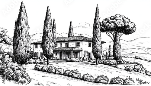 Tuscan Villa with Cypress Trees, and Landscape.