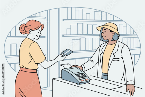 Customer makes a payment at a retail counter with a cashier assisting in a bookshop setting during a daytime
