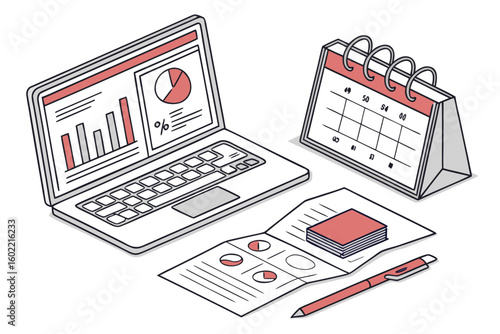 Workspace arrangement featuring a laptop, calendar, papers with charts, and a pen during a busy workday focused on financial planning and organization