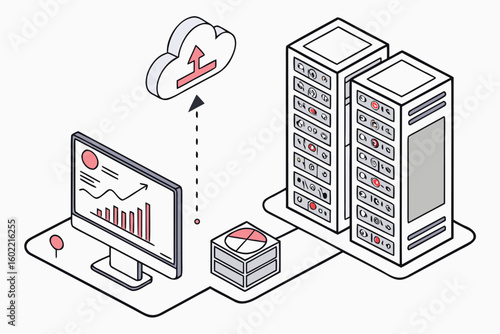 Data transfer to cloud storage system through computer interface showcasing graphical analysis and server architecture for efficient data management