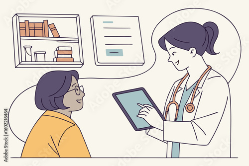 Doctor consults patient in a medical office using a tablet during a routine check-up