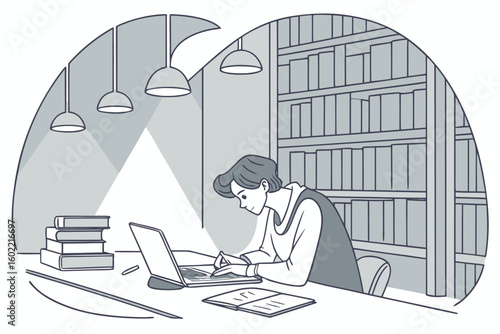 Individual studying at desk in a library with books and laptop during daytime in a quiet, focused environment