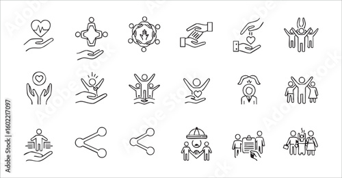 A clean and versatile set of black line icons representing concepts of social welfare, community support, and human connection.
