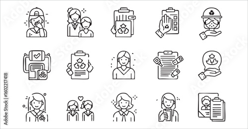 A minimalist set of outline icons showcasing professional women, business tasks, and healthcare concepts in a clean graphic style.
