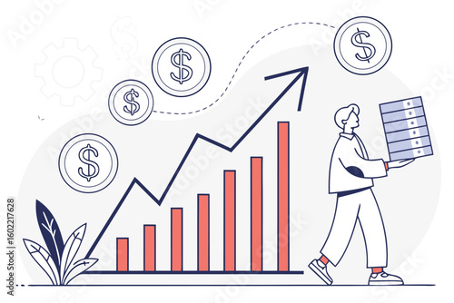 Business growth visualized through a character carrying files with a rising graph and dollar icons representing success and profit