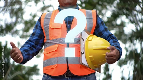 Wallpaper Mural Construction Worker in Orange Safety Vest Holding Yellow Hardhat with Question Mark Overlay in Natural Outdoor Blurred Background Torontodigital.ca