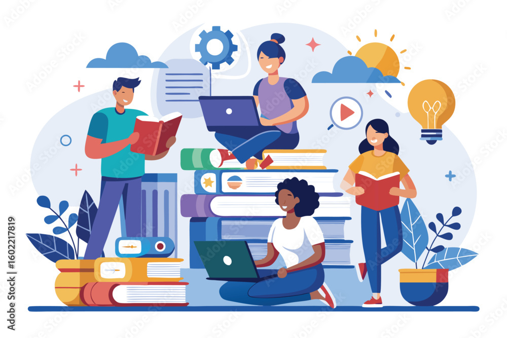 Students engaged in study and learning activities surrounded by books, laptops, and educational resources in a vibrant and creative environment