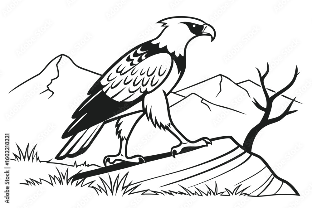 Fototapeta premium Eagle perched on a rocky outcrop with mountains in the background and a solitary tree in a natural landscape depicting strength and freedom in wildlife