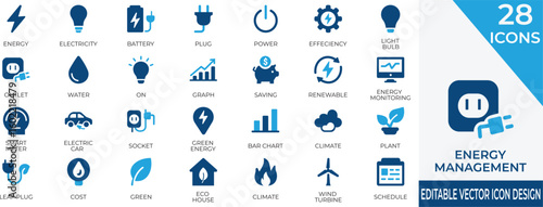 Modern fill style energy management icon set including renewable, battery, electricity, and eco-friendly power symbols for your projects. Perfect for  green energy, and climate-saving design needs.
