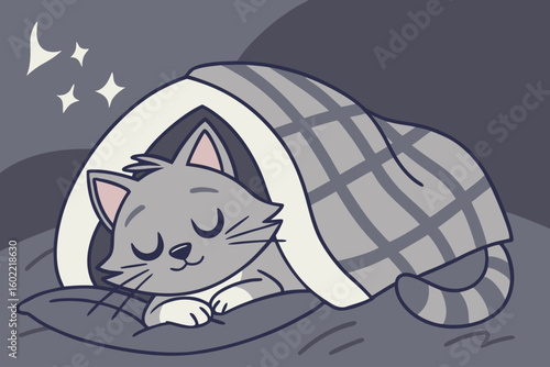 Cozy gray cat sleeping peacefully under a soft blanket on a calm evening