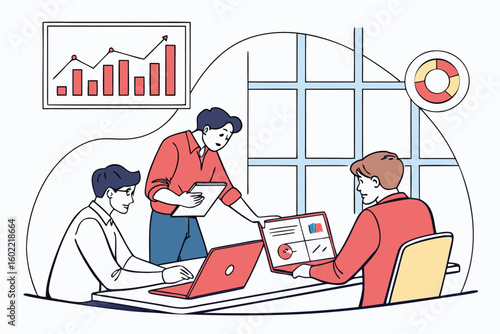 Team members collaborate on project analysis while reviewing data and presentations in a bright office space during the workday