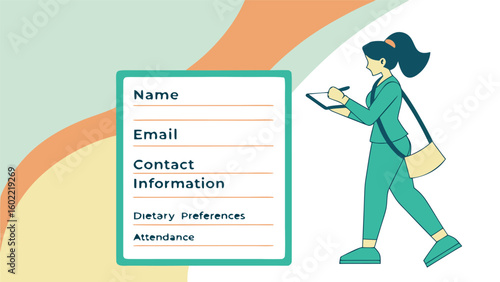 A woman in a teal suit fills out a form with fields for name email contact information dietary preferences and attendance