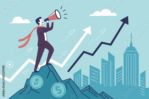 Entrepreneur celebrating success with a megaphone while standing on mountains, showcasing growth and ambition against a city skyline background