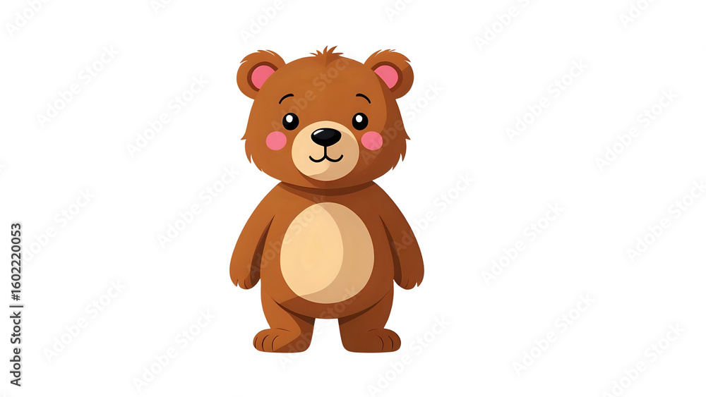 Fototapeta premium Small cartoon bear with innocent look and pink cheeks, standing upright PNG