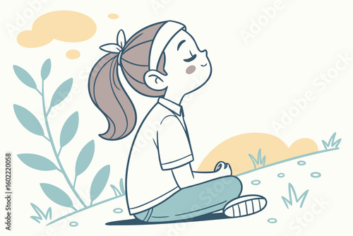 Young girl practices mindfulness in serene outdoor setting, enjoying tranquility among nature during a sunny day