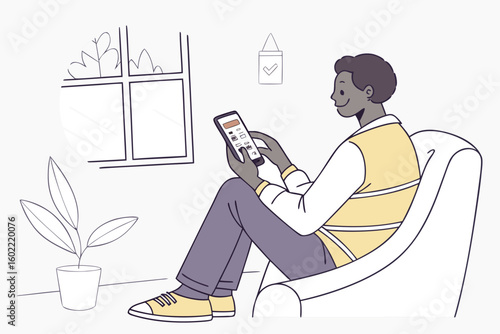 Person sitting comfortably in a chair using a smartphone while relaxing at home near a window with indoor plants in the background