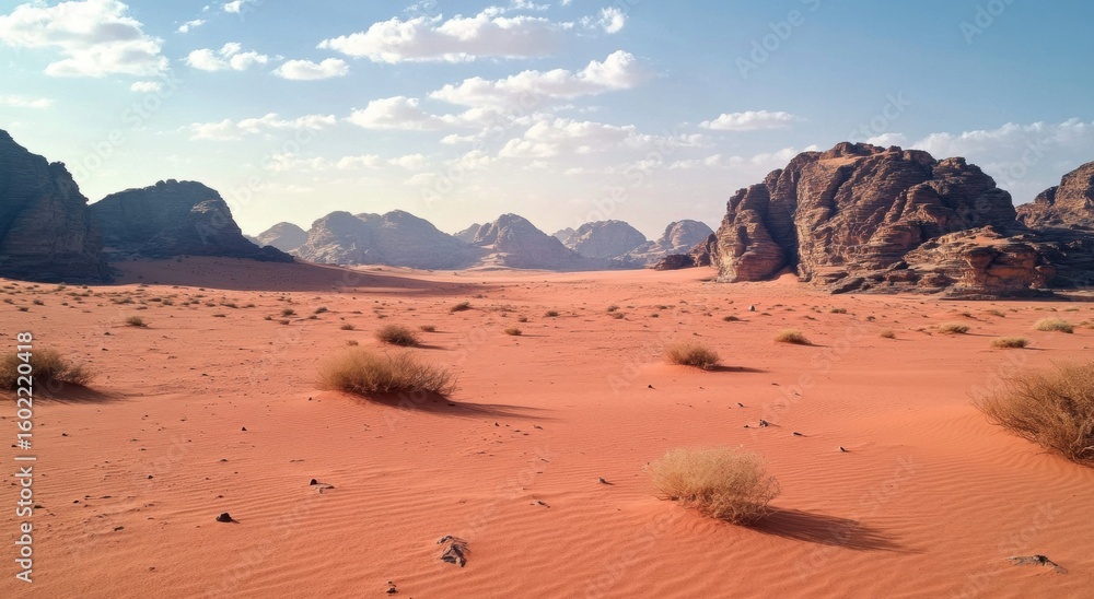 Fototapeta premium Scenic Desert Landscape with Red Sand, Blue Sky, and Majestic Orange sand desert, rocky formations