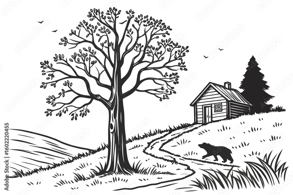 Obraz premium Bear walking along a path near a cabin under a large tree on a serene hillside surrounded by nature