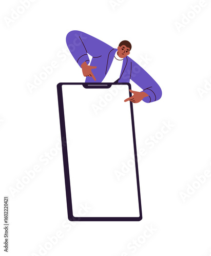 Happy person is pointing fingers at blank screen of huge smartphone. Young man shows empty display of big phone. Character is presenting mockup of telephone. Flat isolated vector illustration on white