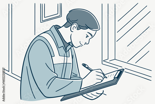 Worker focused on taking notes while standing at a desk next to a window during daylight hours in an office environment