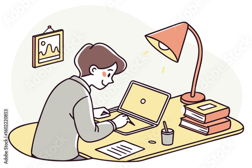 Individual working on a laptop at a cozy desk with books, a lamp, and a picture frame in a contemporary indoor setting during the day