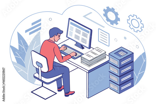 Working at a desk with a computer, organizing paperwork, and planning tasks during a productive day in a modern office environment