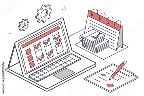 Productivity tools for efficient workflow management featuring a laptop, calendar, folders, and checklist illustrations