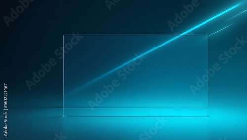 Transparent glass screen with diagonal neon light beam on dark blue background – modern tech display.