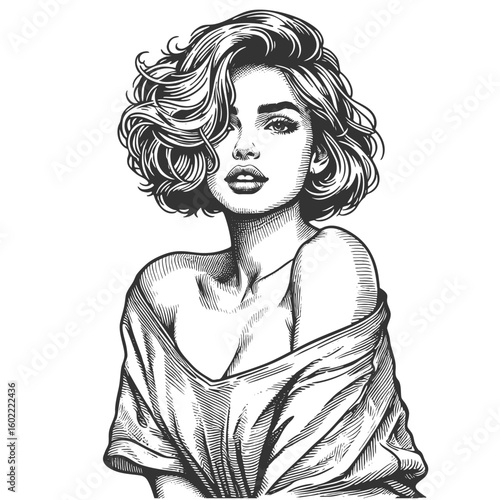glamorous woman with tousled short hair and off-shoulder loose top, exuding confidence and beauty sketch engraving generative ai fictional character vector illustration. Scratch board. Black and white
