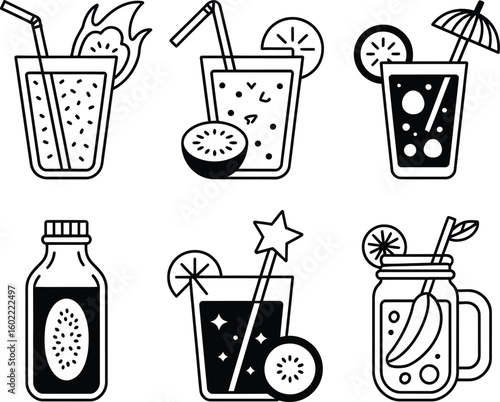 Collection of hand drawn tropical fruit drinks and smoothies
