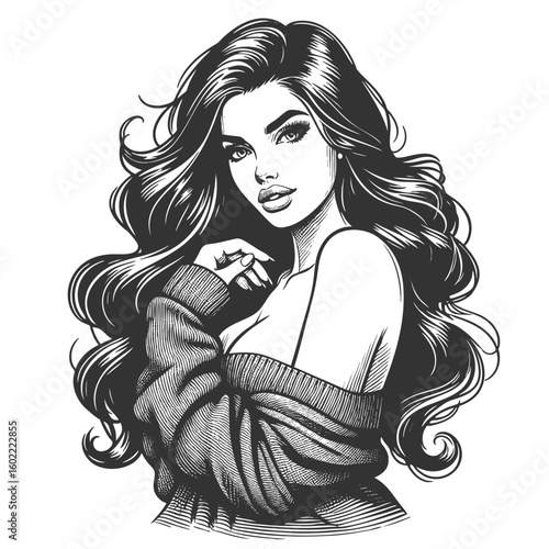beautiful woman glancing over her shoulder, draped in an oversized sweater with bare back sketch engraving generative ai fictional character vector illustration. Scratch board. Black and white image.