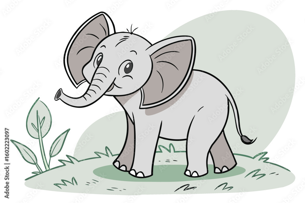 Fototapeta premium Cute cartoon elephant standing on grass with a smiling face surrounded by leaves in a light green background showcasing a cheerful atmosphere of wildlife
