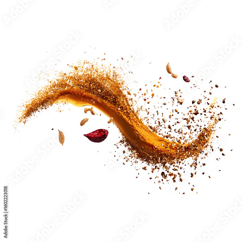 Explosive culinary splash featuring vibrant spices, nuts, and chili, creating a dynamic swirl of flavor and texture for food advertising and creative projects.