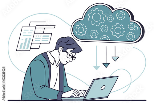 Professional using a laptop to manage data and cloud services while analyzing graphs in a modern office environment