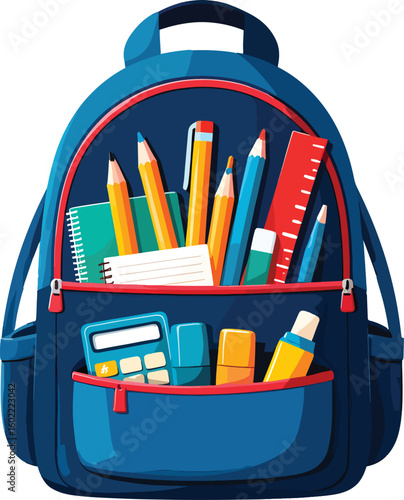 Blue backpack filled with school supplies yellow green style vector illustration EPS file download