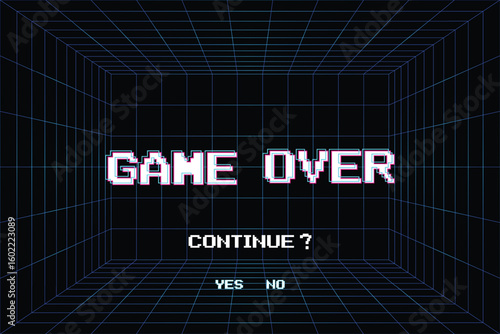 GAME OVER. CONTINUE or exiting the game's main menu. Modern trendy game background with lighting effect. for game assets in vector illustrations.