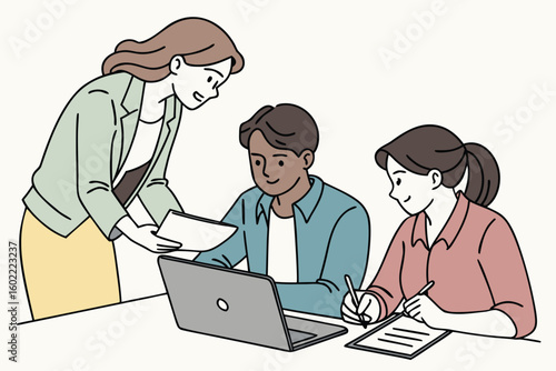 Group of diverse individuals collaborating on a project while seated around a table, engaging in discussion, and using a laptop in a modern workspace setting