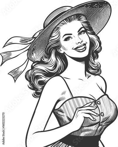 cheerful woman wearing wide-brimmed hat and strapless summer dress, radiating charm and elegance sketch engraving generative ai fictional character vector illustration. Scratch board. Black and white.